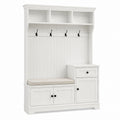 White Wood Entryway Hall Tree with Storage Bench and Hooks