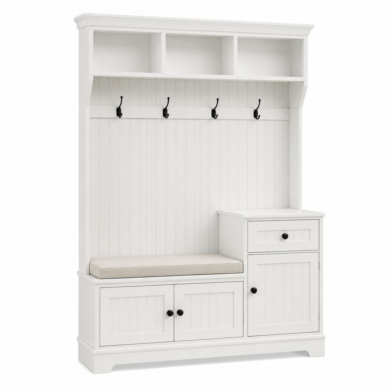 White Wood Entryway Hall Tree with Storage Bench and Hooks