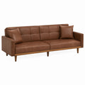 Brown Faux Leather Sofa with Wood Base and Two Cushions, 80in x 35in x 32in