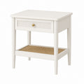 Wooden Nightstand with Drawer and Cane Shelf, Solid Wood, White, 22in x 15.7in x 27.6in