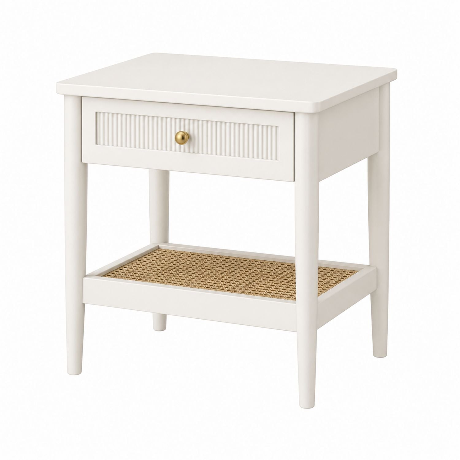 Wooden Nightstand with Drawer and Cane Shelf, Solid Wood, White, 22in x 15.7in x 27.6in