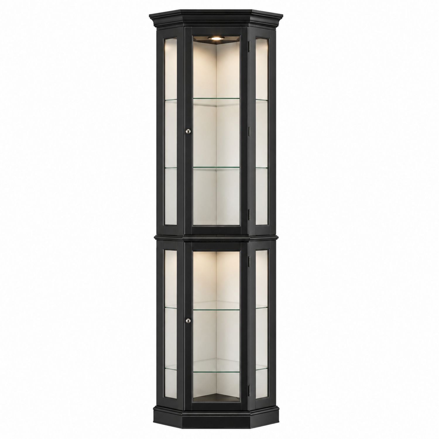 Black Corner Display Cabinet with Glass Shelves and Lighting