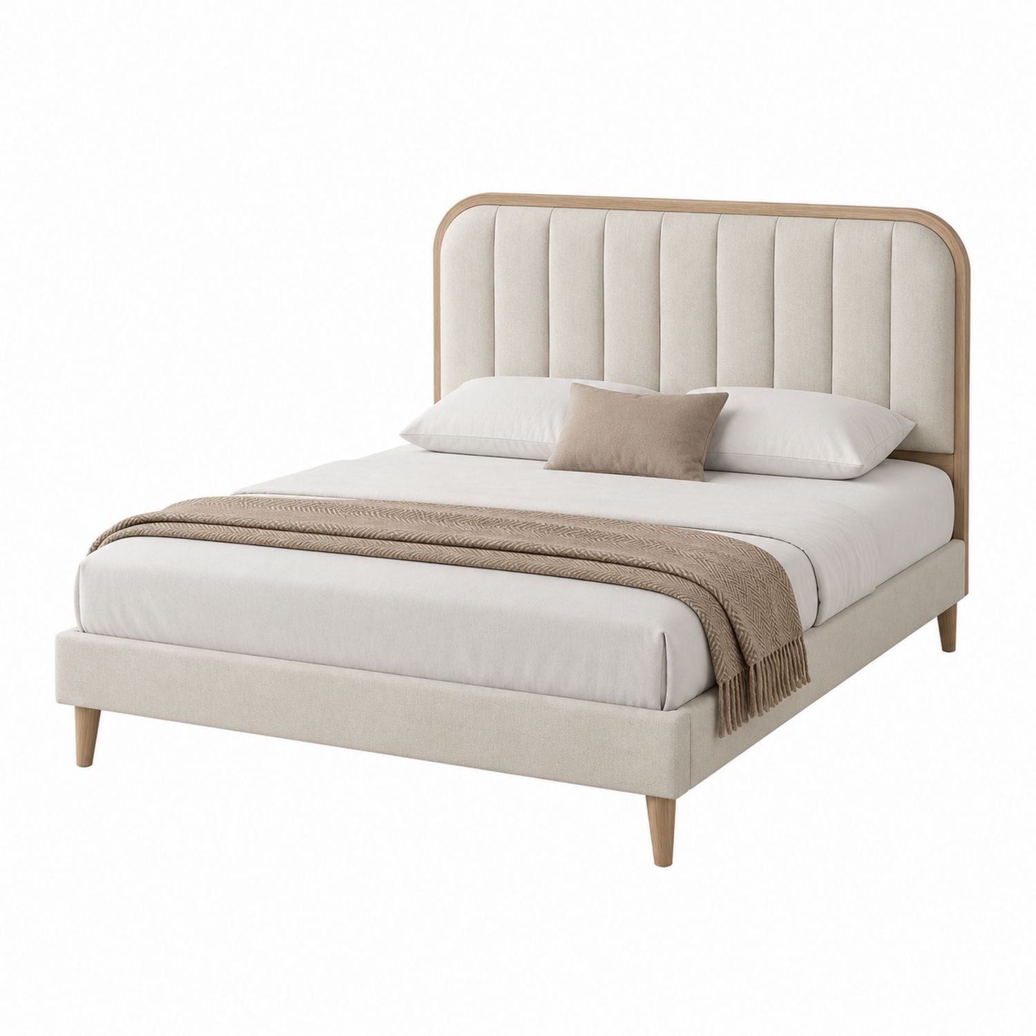 Upholstered Bed with Wood Frame in Beige Queen Size