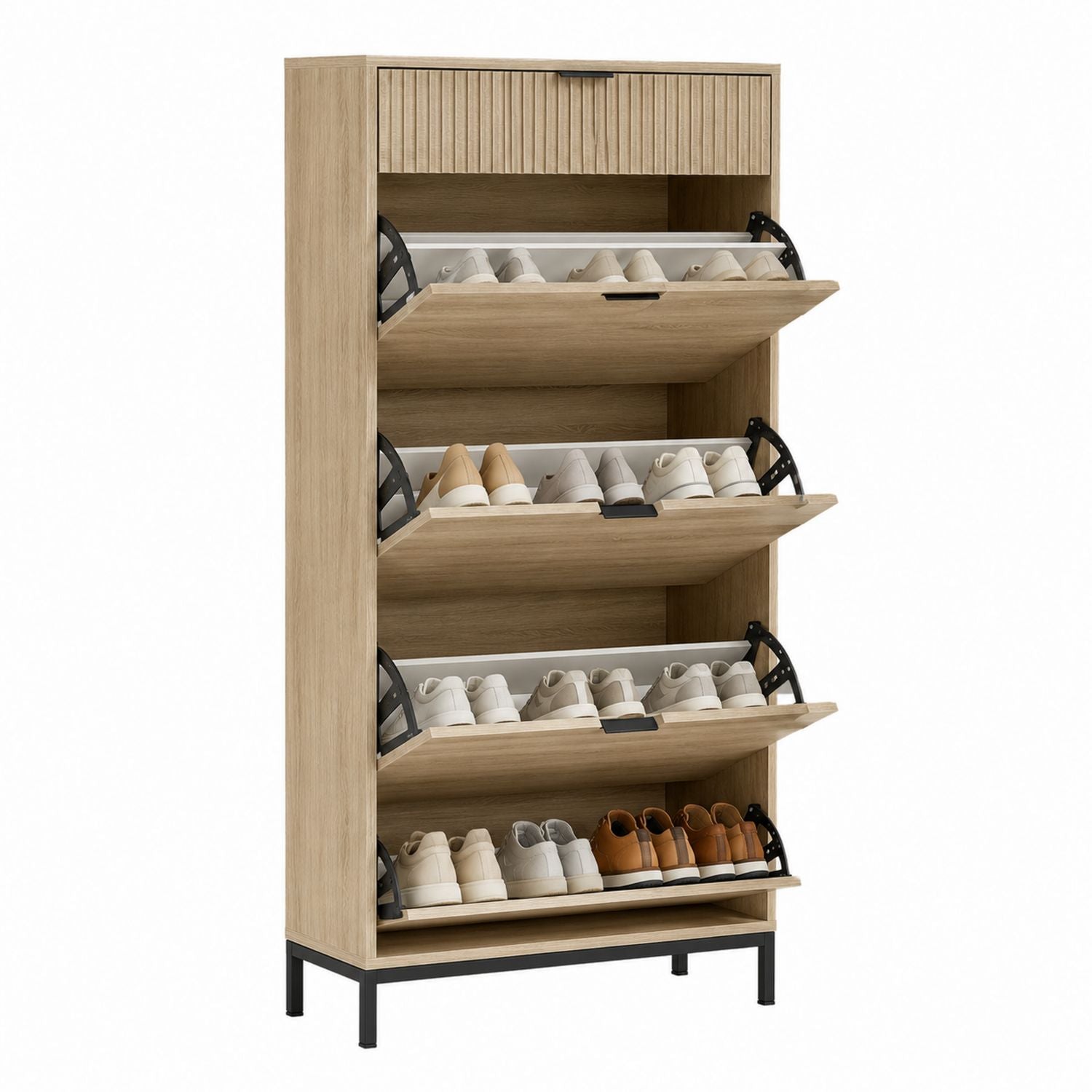 Wood Shoe Cabinet with Tilt-Out Drawers Oak 180x80x30 cm