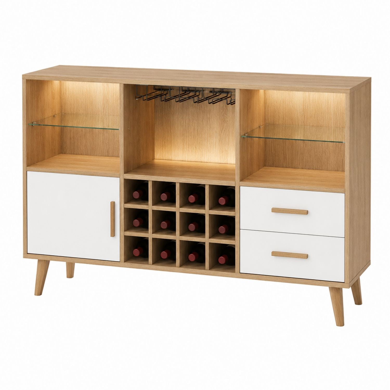 Wood Veneer Wine Cabinet with Tempered Glass Shelves and White Drawers