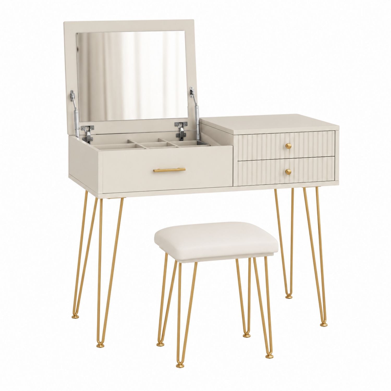 MDF Vanity Set with Lift-Top Mirror and Stool Cream Gold Metal Legs