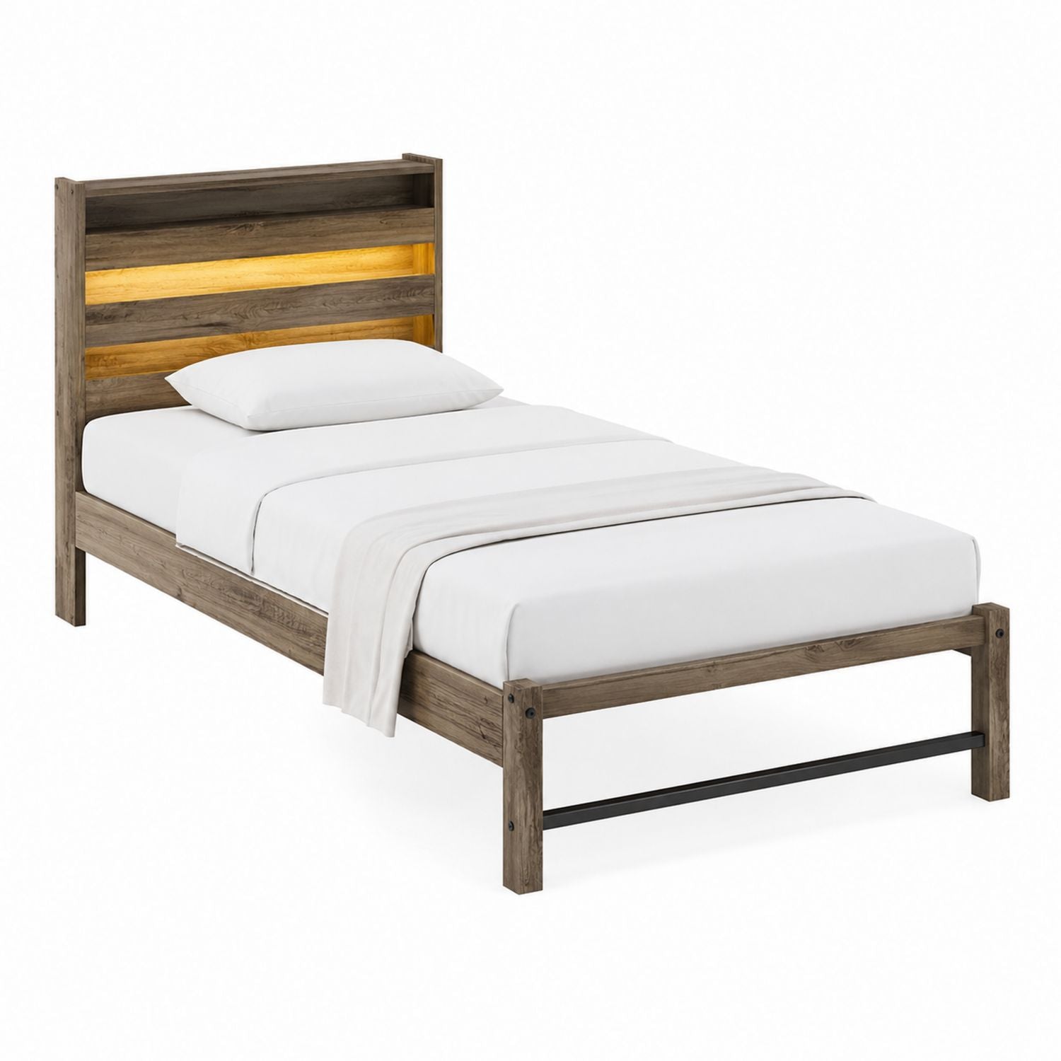 Solid Wood Twin Bed with LED Headboard