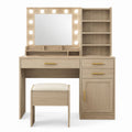 Oak Vanity Table Set with LED Mirror and Shelves, Light Oak, 100x40x130cm