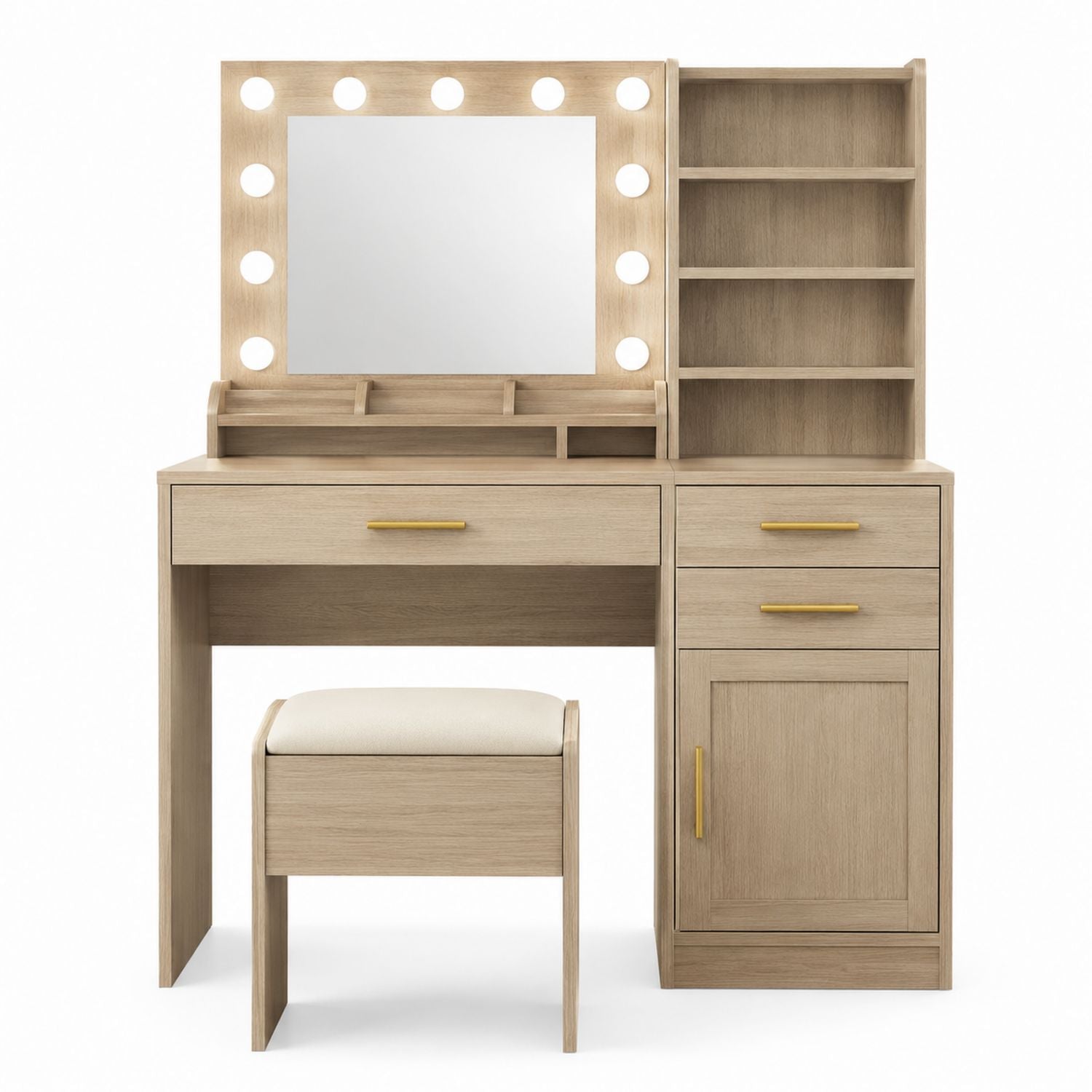 Oak Vanity Table Set with LED Mirror and Shelves, Light Oak, 100x40x130cm