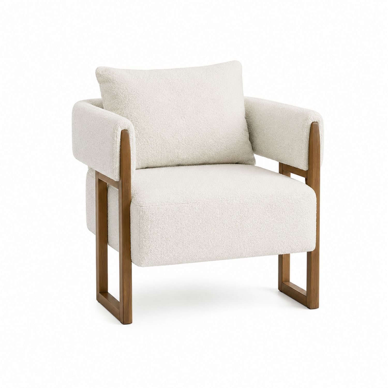 Beige Bouclé Upholstered Wooden Armchair