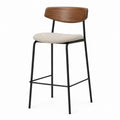 Bar Stool with Wood Backrest and Linen Seat, Black Metal Frame, Beige