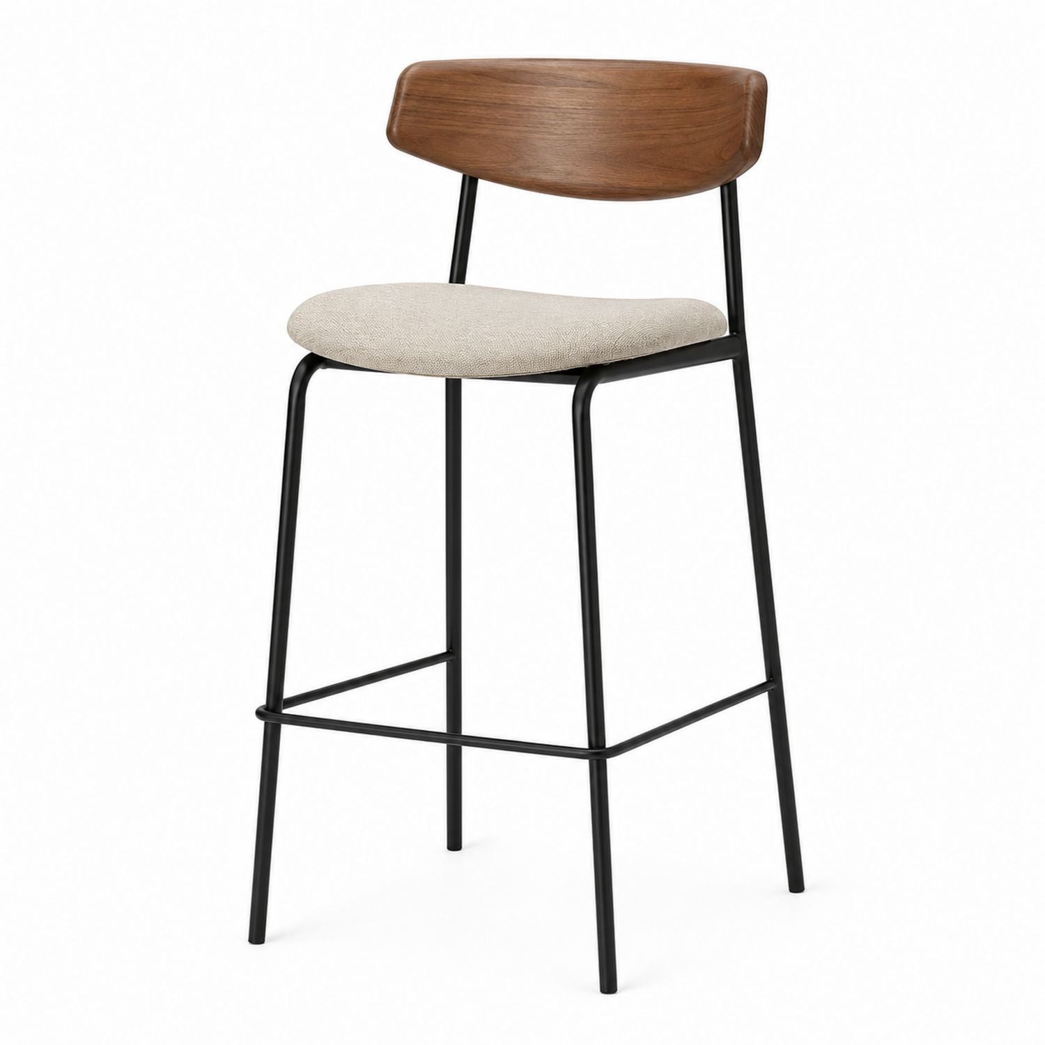 Bar Stool with Wood Backrest and Linen Seat, Black Metal Frame, Beige