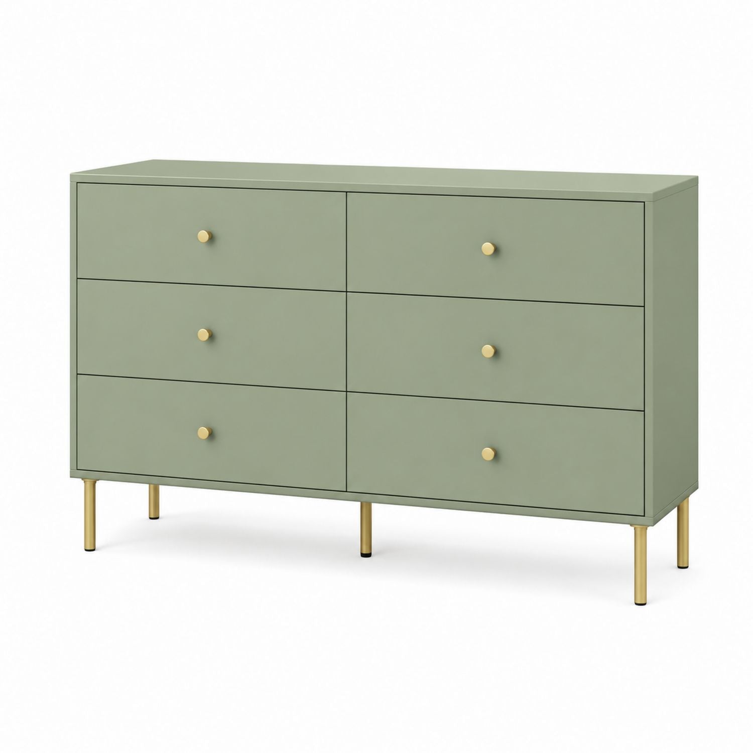 Sage Green MDF Dresser with Gold Metal Legs and 6 Drawers