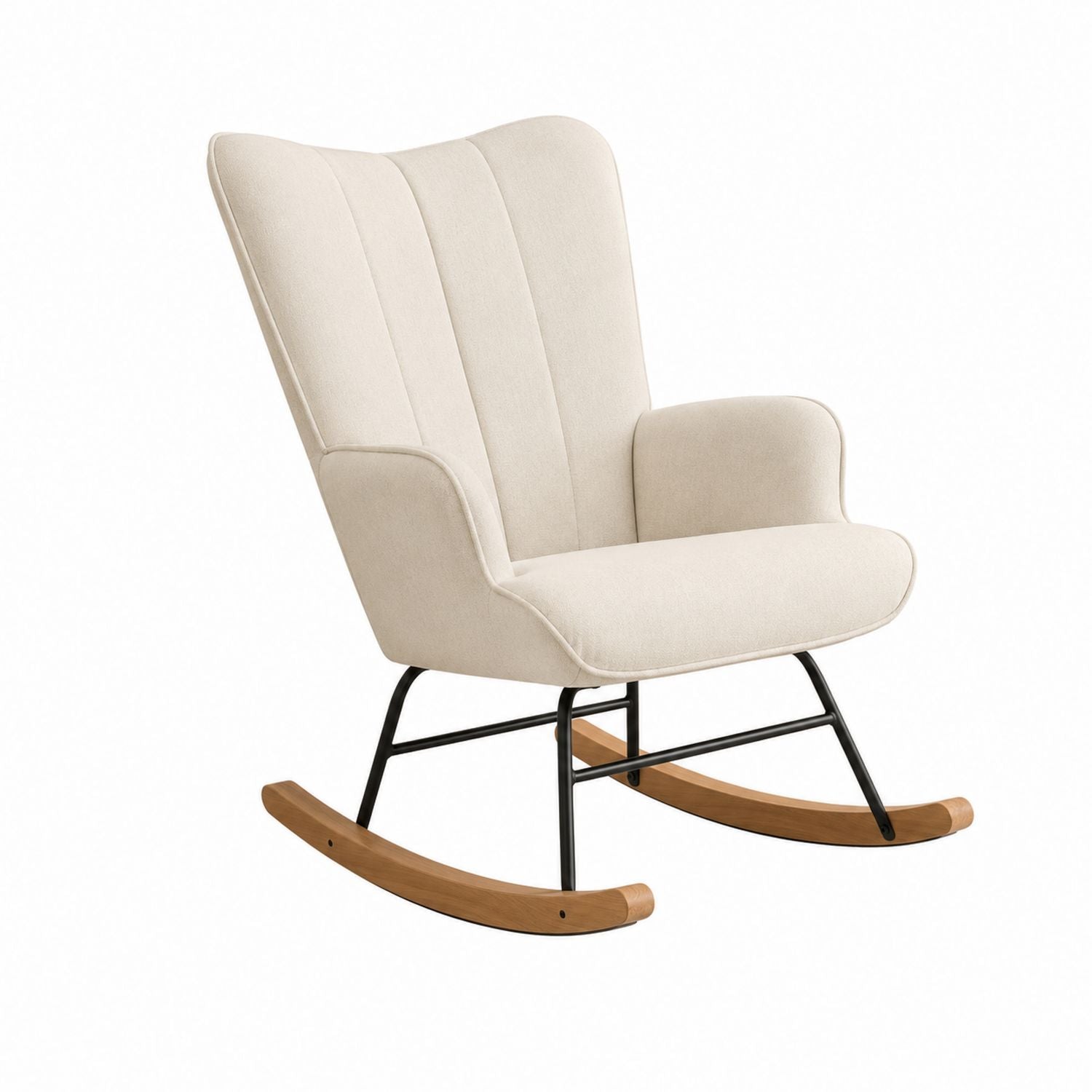 Beige Fabric Rocking Chair with Metal Frame and Wooden Base
