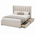 Fabric Upholstered Storage Bed with Headboard and Drawers Beige Queen Size