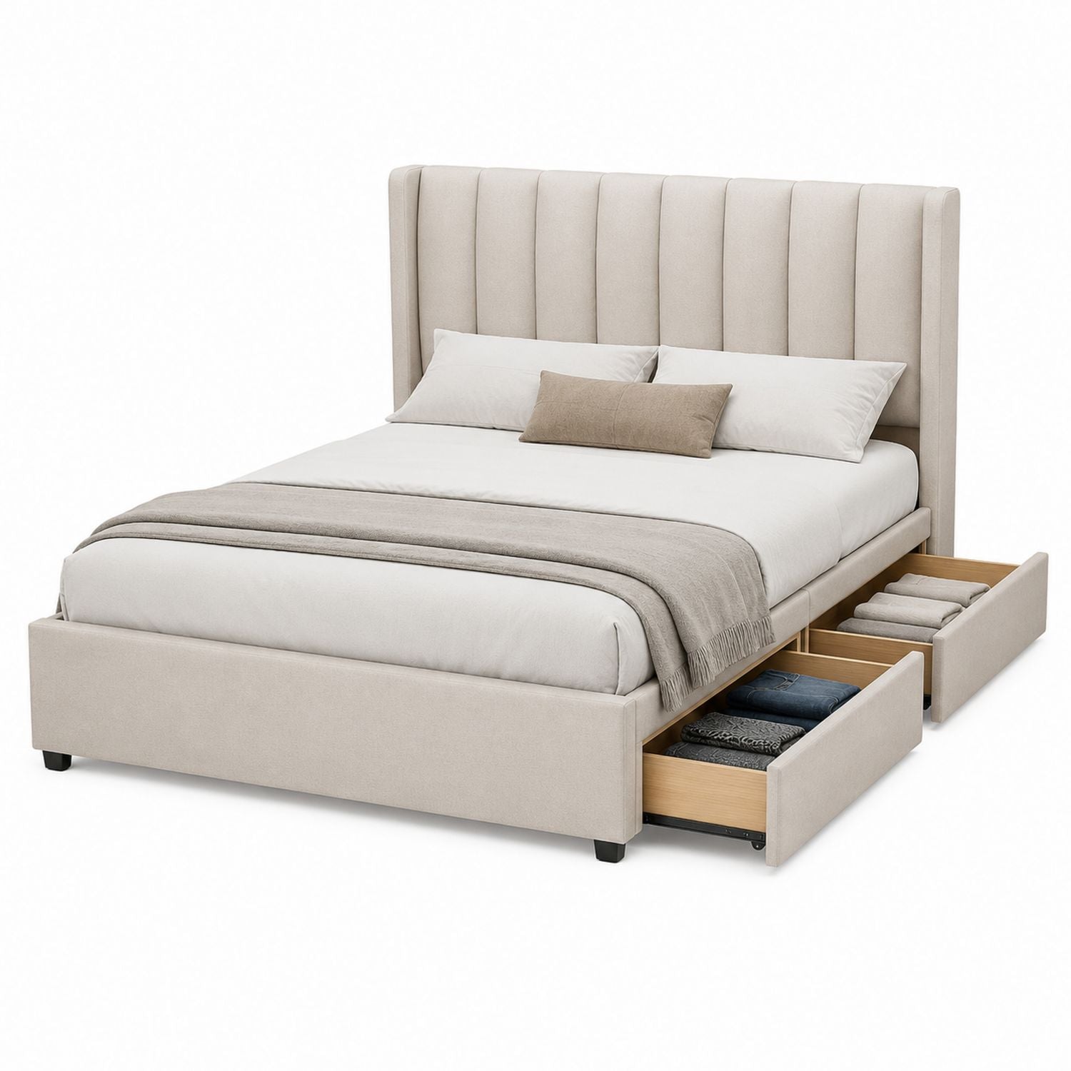 Fabric Upholstered Storage Bed with Headboard and Drawers Beige Queen Size