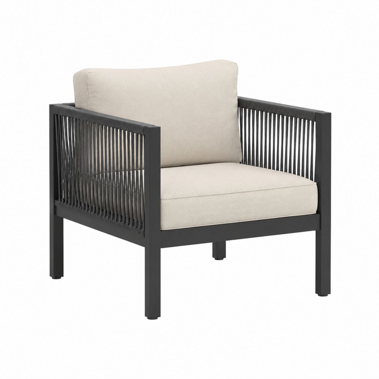 Outdoor Rope Lounge Chair with Aluminum Frame and Beige Cushions