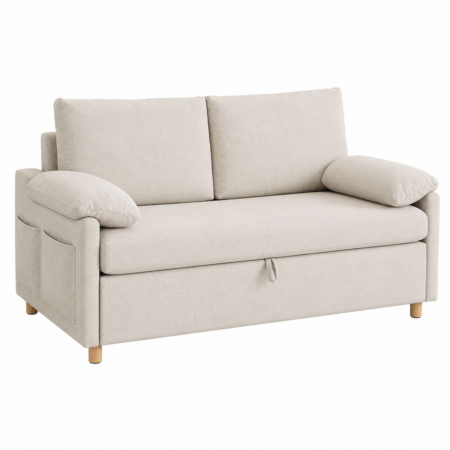 Beige Linen Sofa Bed with Solid Wood Legs