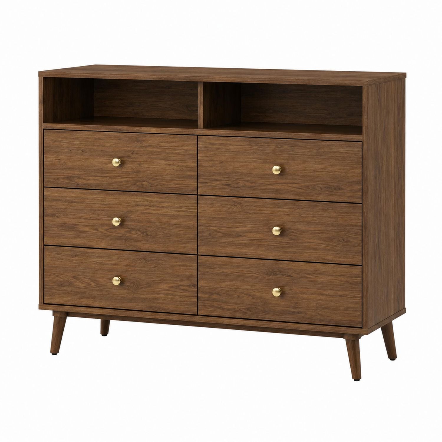 Six-Drawer Engineered Wood Dresser with Open Shelves
