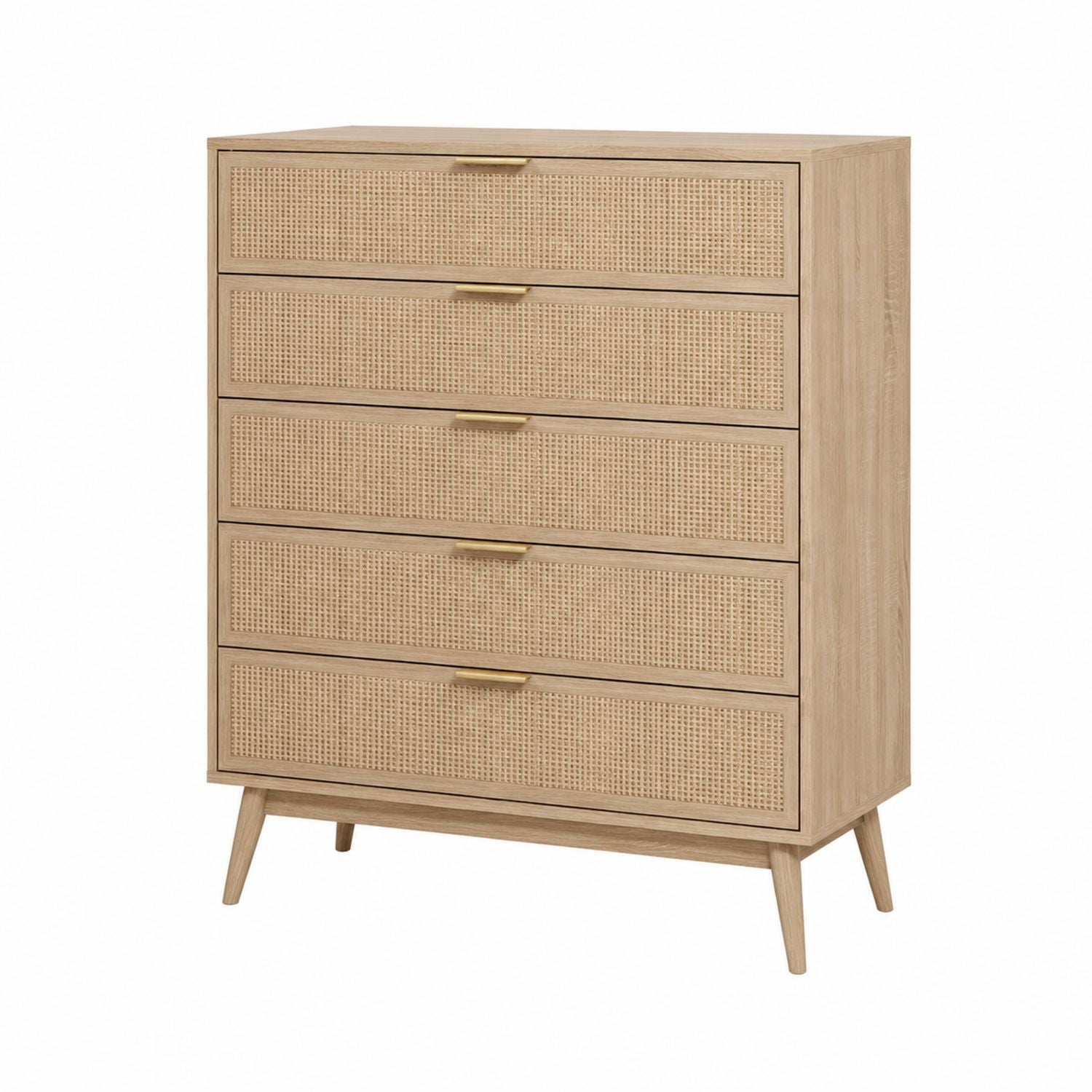 Oak Wood and Rattan 5-Drawer Chest
