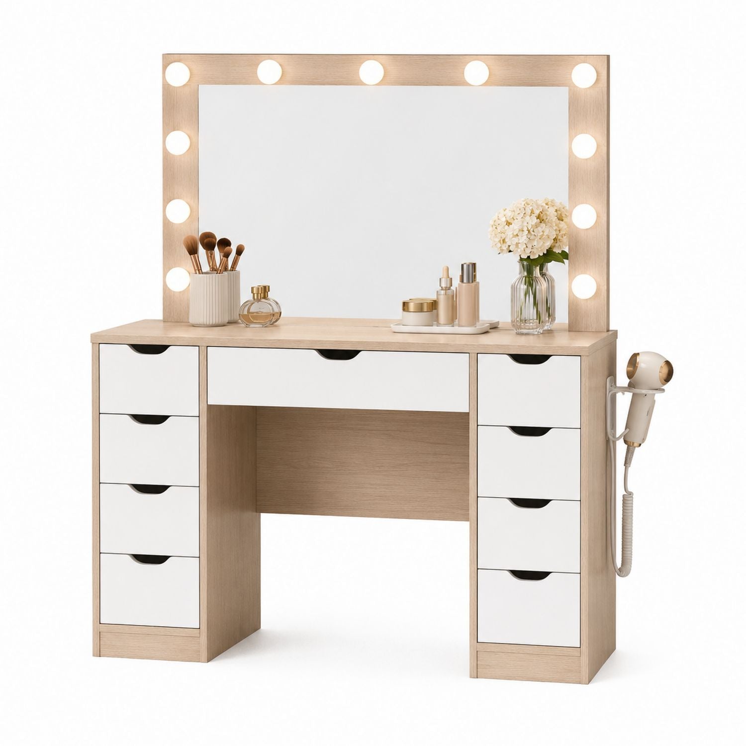 Wood Vanity Table with LED Mirror and Drawers