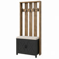 Wood and Metal Entryway Hall Tree with Linen Cushion Seat and Storage Cabinet 5 Iron Hooks