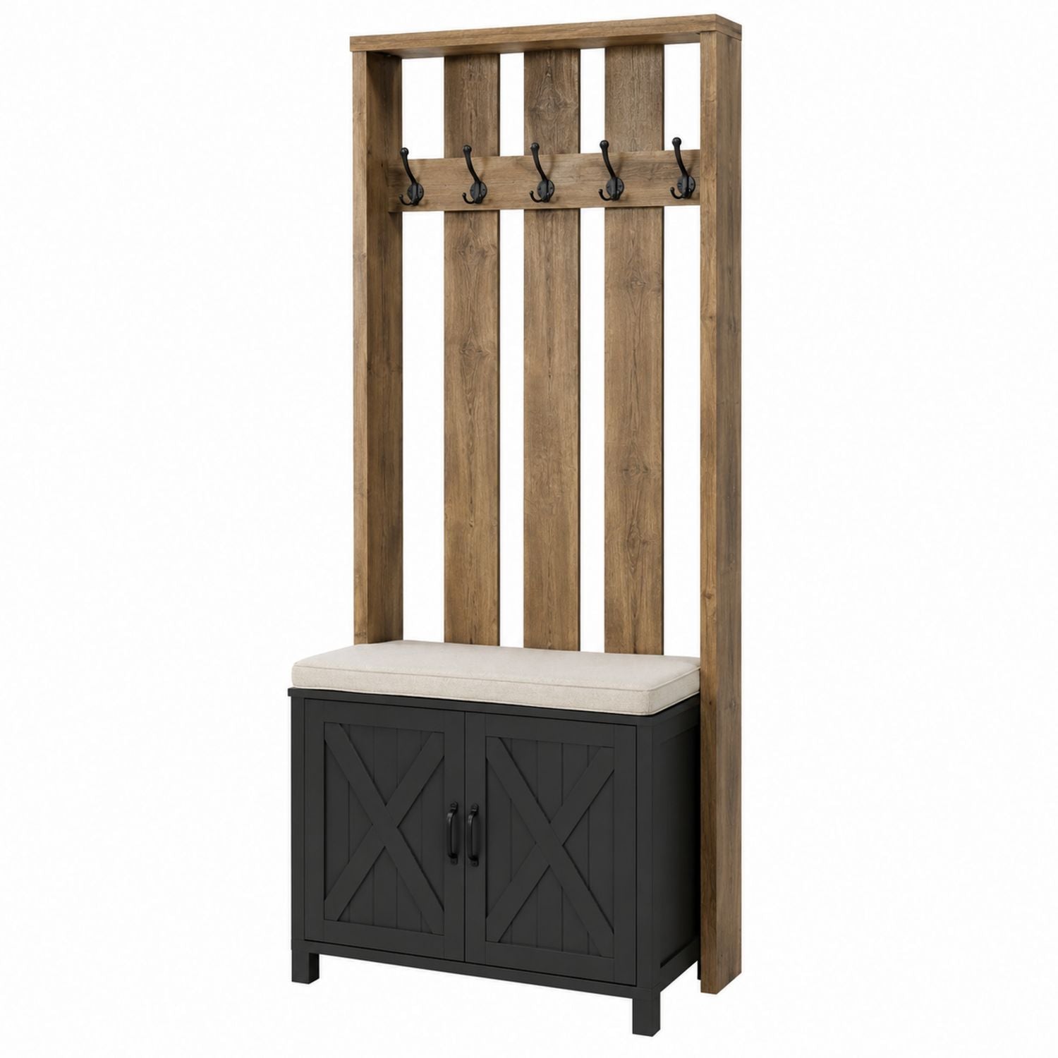 Wood and Metal Entryway Hall Tree with Linen Cushion Seat and Storage Cabinet 5 Iron Hooks