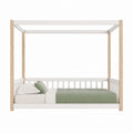 White Wood Toddler Bed with Natural Wood Canopy Frame