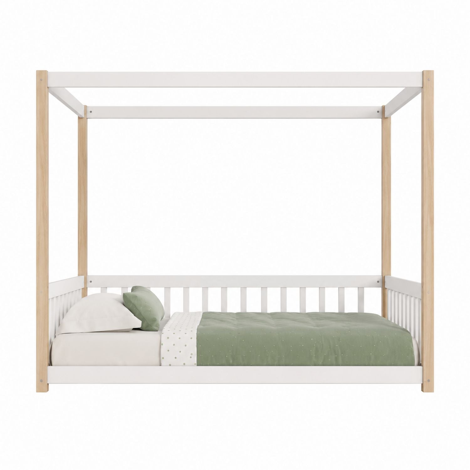 White Wood Toddler Bed with Natural Wood Canopy Frame
