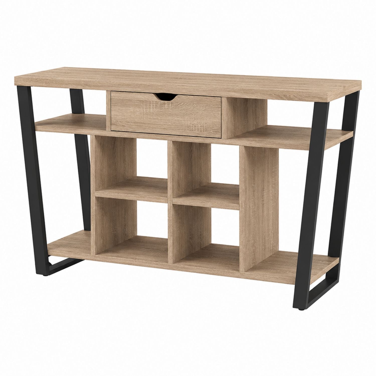 Wood Entertainment Center with Metal Frame and Storage Shelves