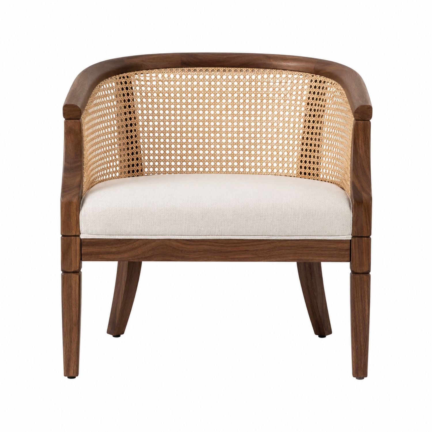 Wood and Cane Lounge Chair with Beige Linen Cushion