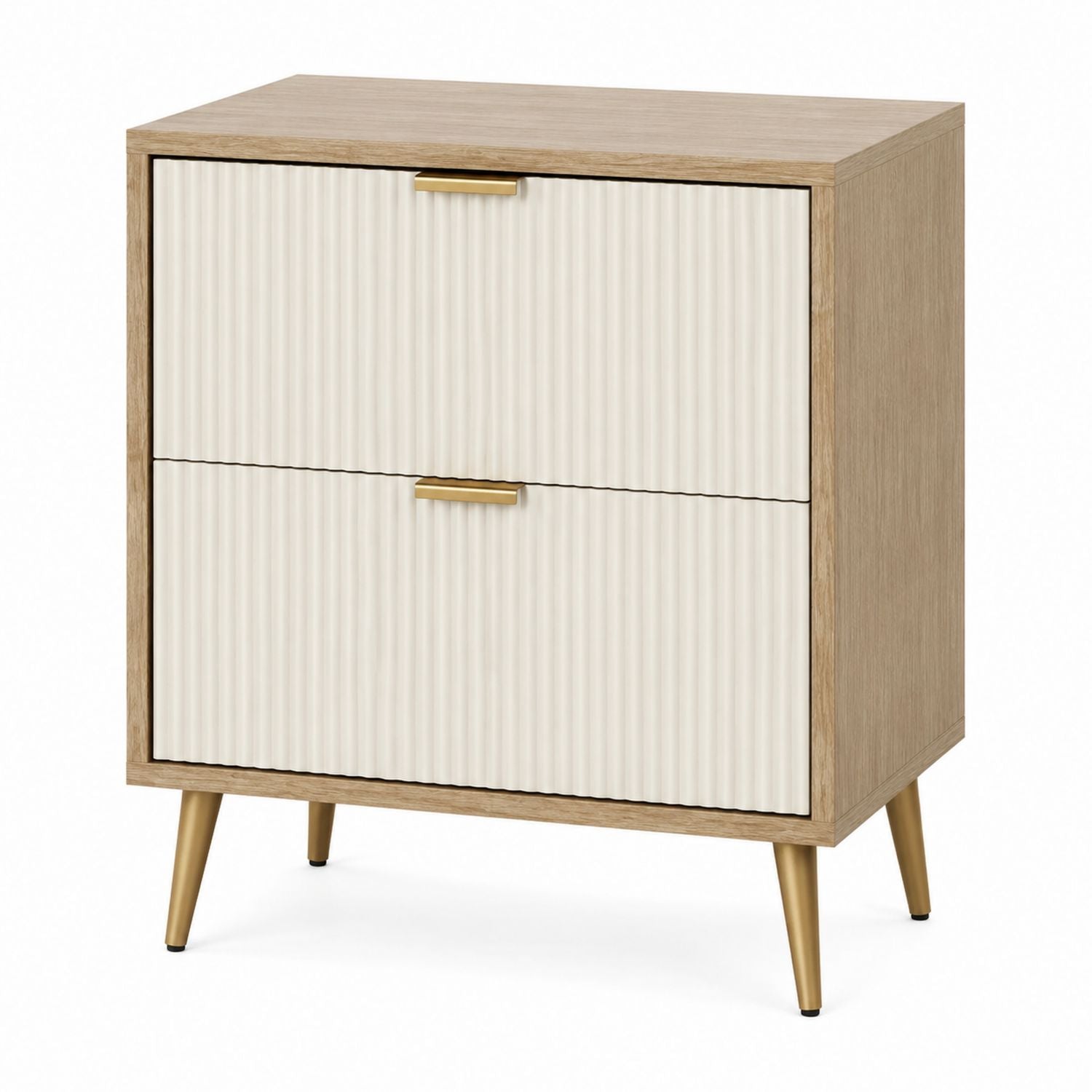 Two-Drawer Nightstand MDF and Wood Veneer with Metal Handles