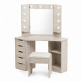Beige Wood Corner Vanity Table Set with Mirror and Light Bulbs, Stool and Drawers