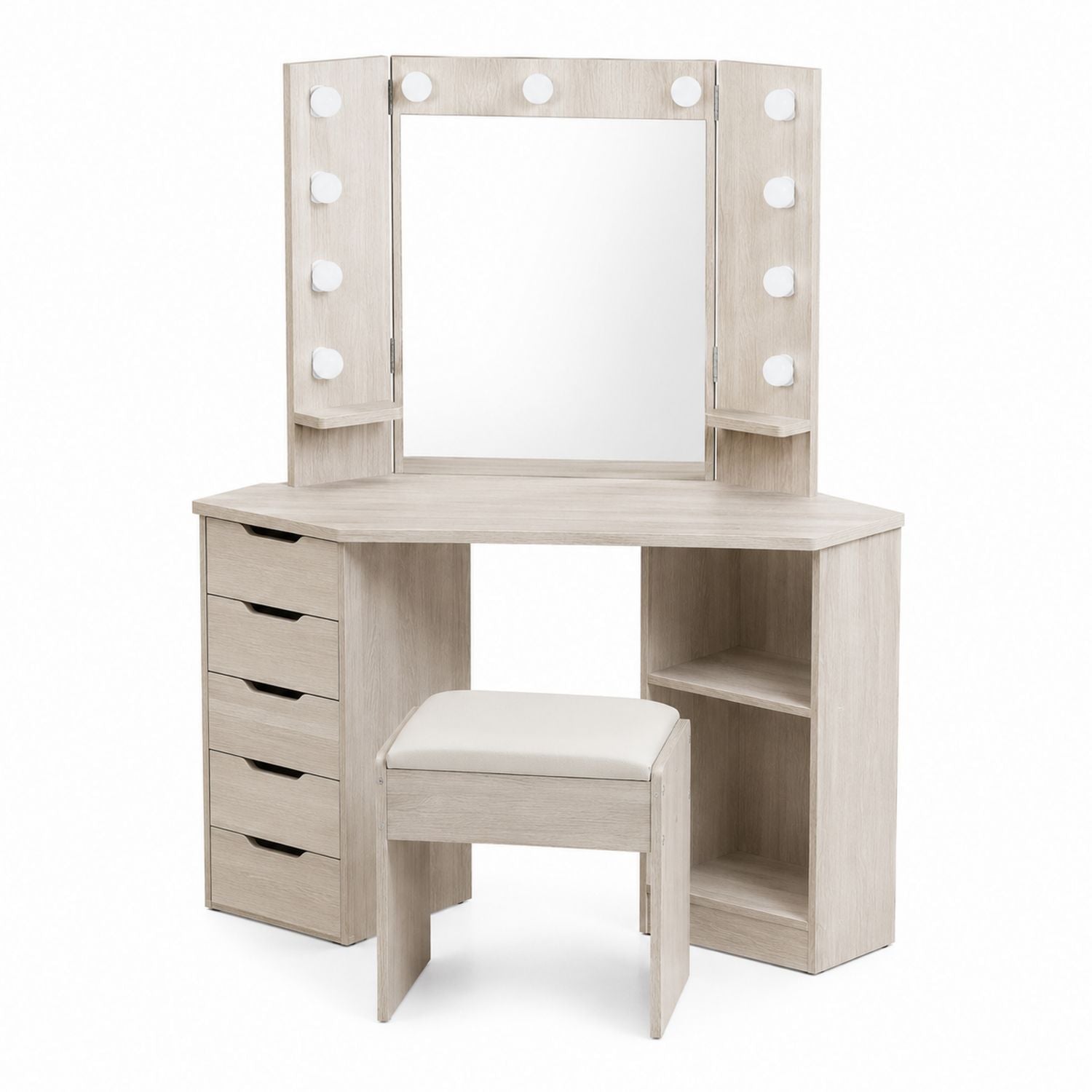 Beige Wood Corner Vanity Table Set with Mirror and Light Bulbs, Stool and Drawers