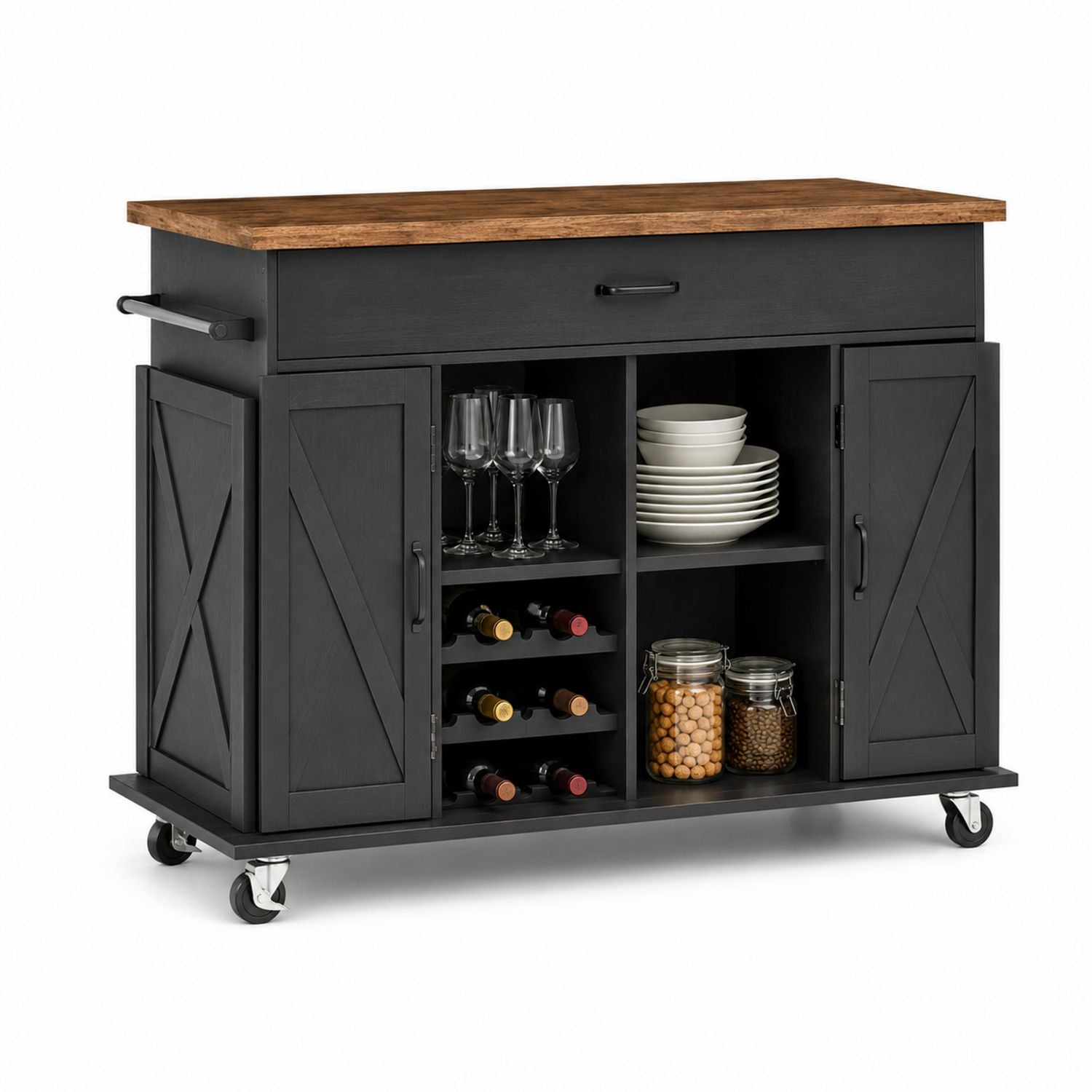 Wooden Kitchen Cart with Storage Shelves and Black Cabinets