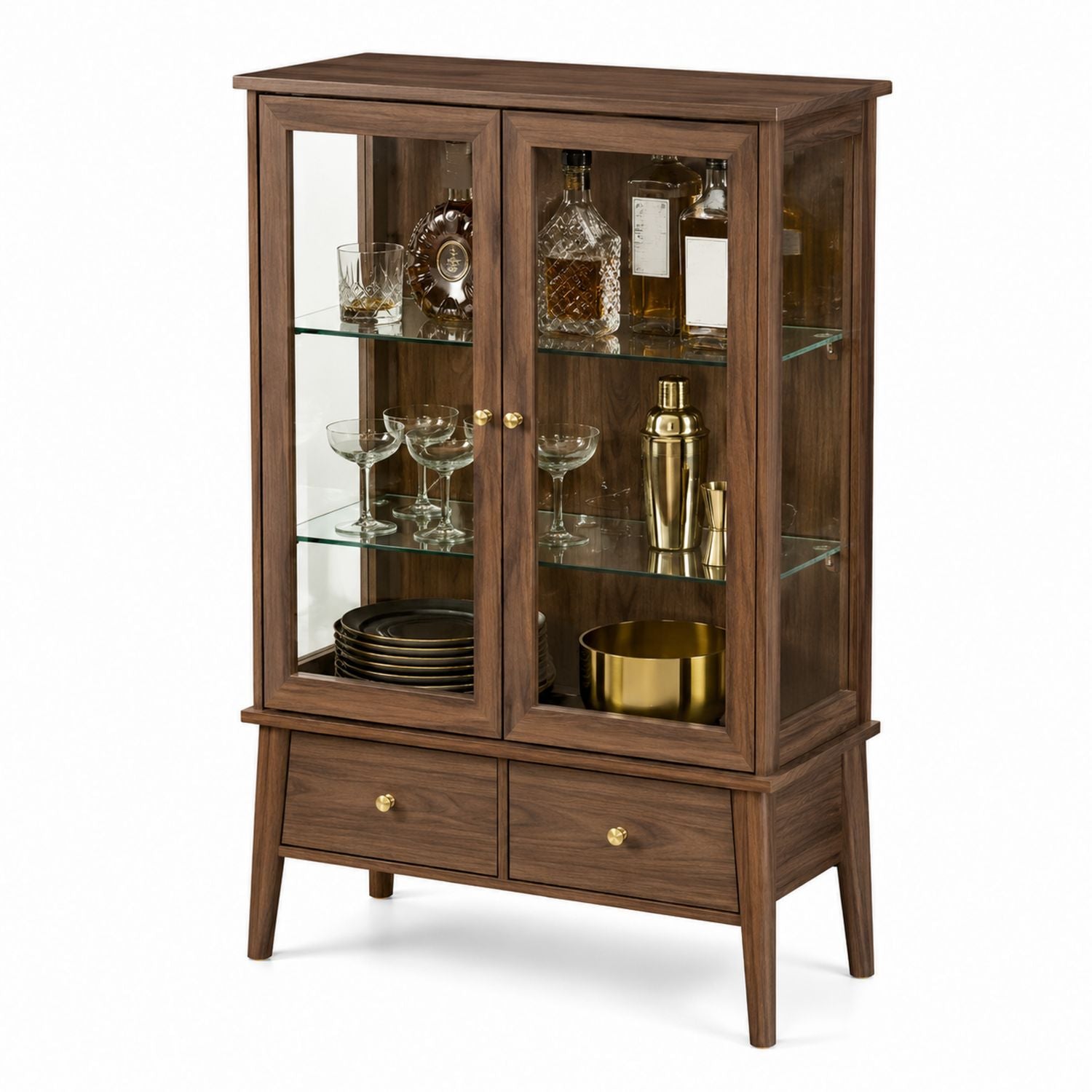 Walnut Display Cabinet with Glass Shelves and Storage Drawers