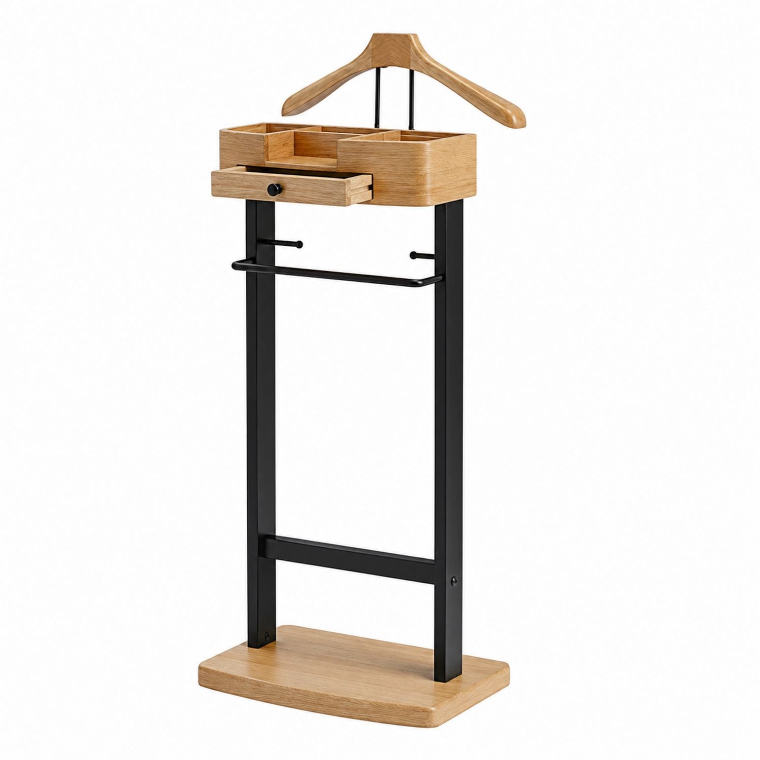 Oak Wood and Steel Freestanding Valet Stand with Hanger and Drawer
